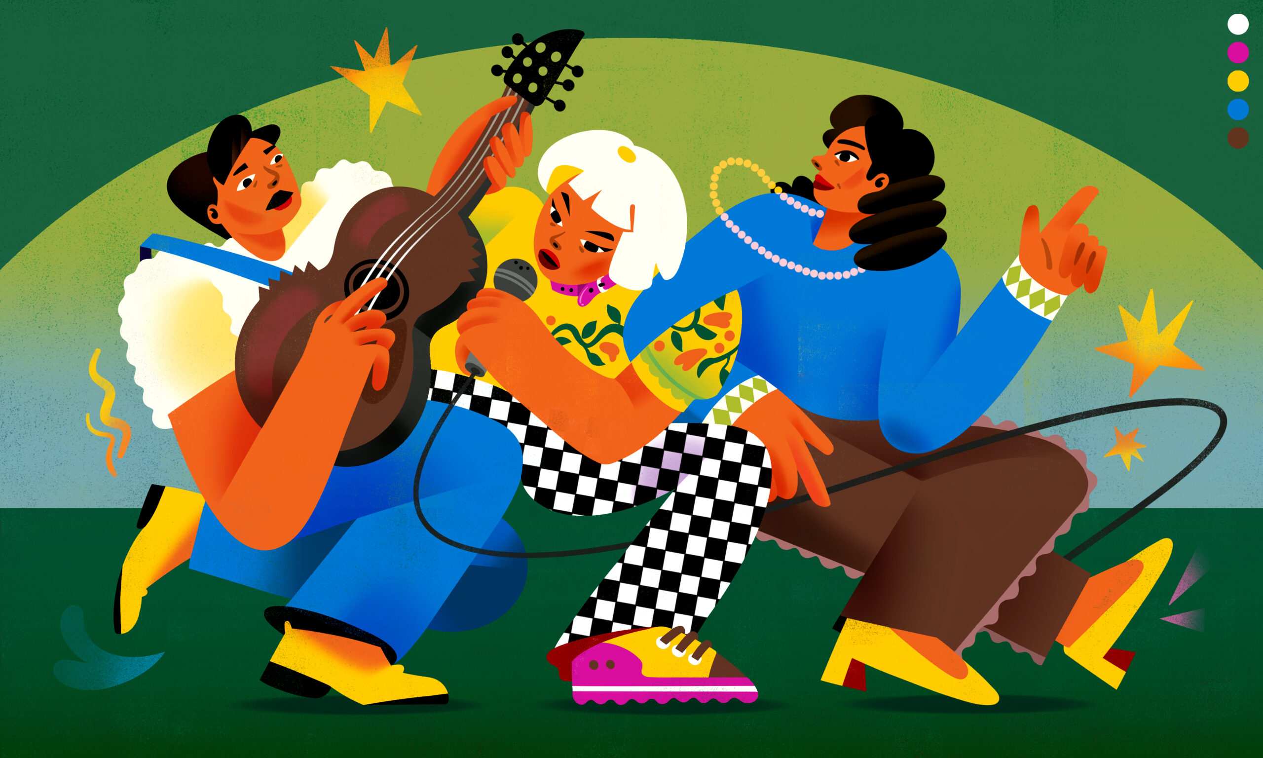 The illustration depicts Prom Queen singing with her parents on stage. Her dad plays the guitar and her mom dances to the music.