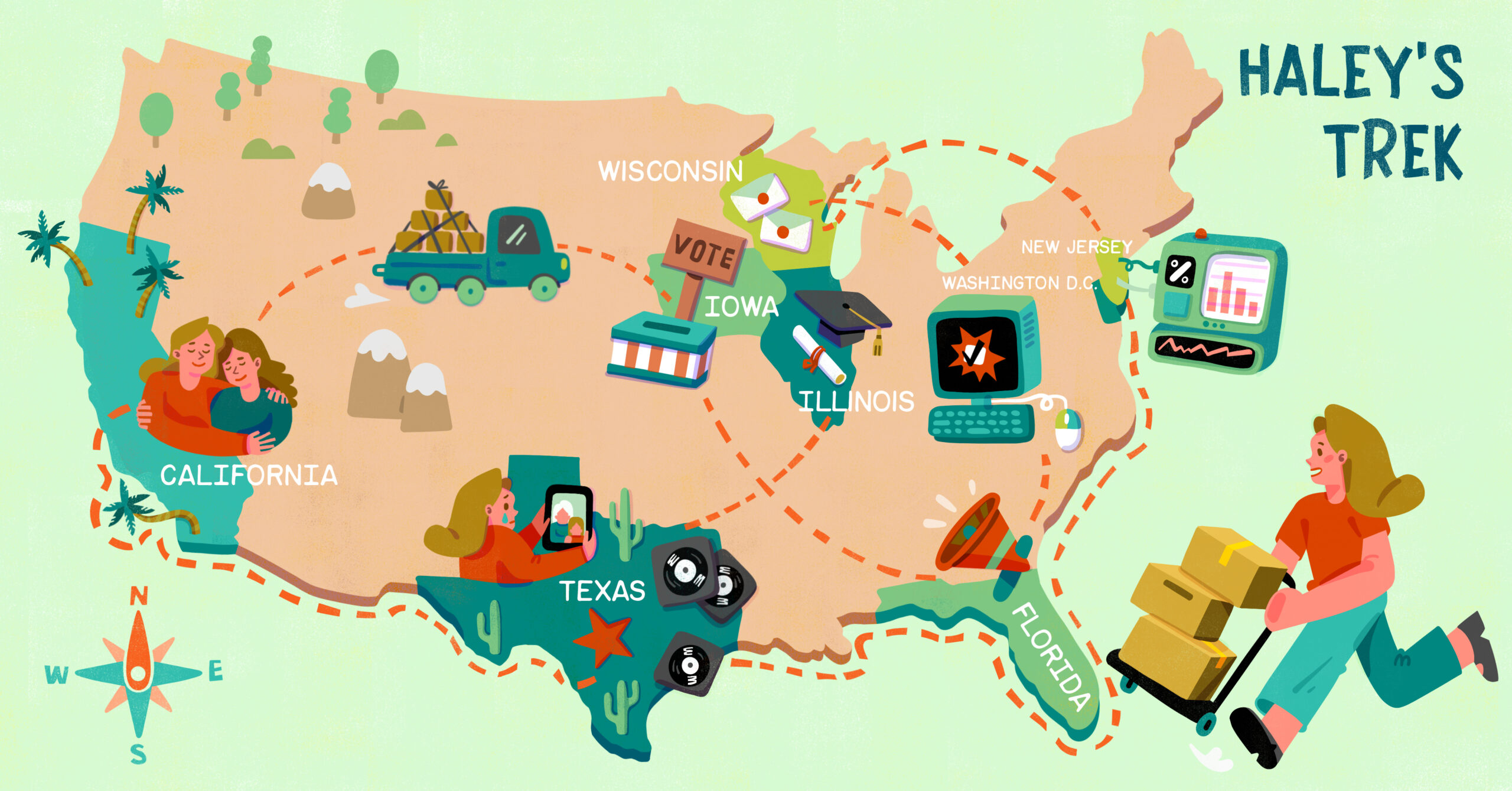 The illustration depicts a map of the United States highlighted with states that Haley has lived in. Each state is illustrated with Haley’s memory, such as sisterhood, campaign, and loss. The title “Haley’s Trek” is in the top right corner. In the bottom right corner, Haley pushes a cart with moving boxes.