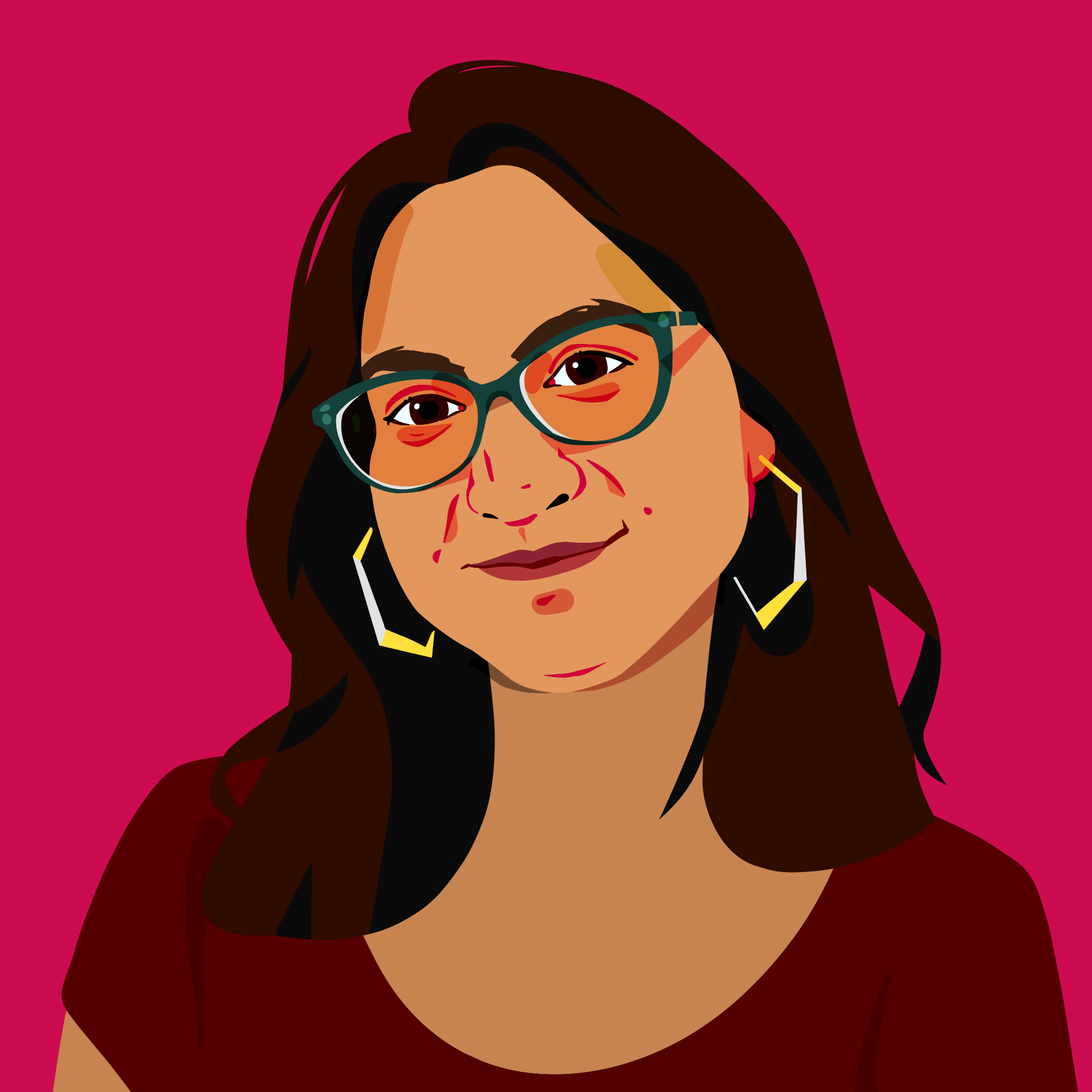 Illustration portrait of Sarah with a hot pink background. Sarah has glasses, black hair and big hoop earings.