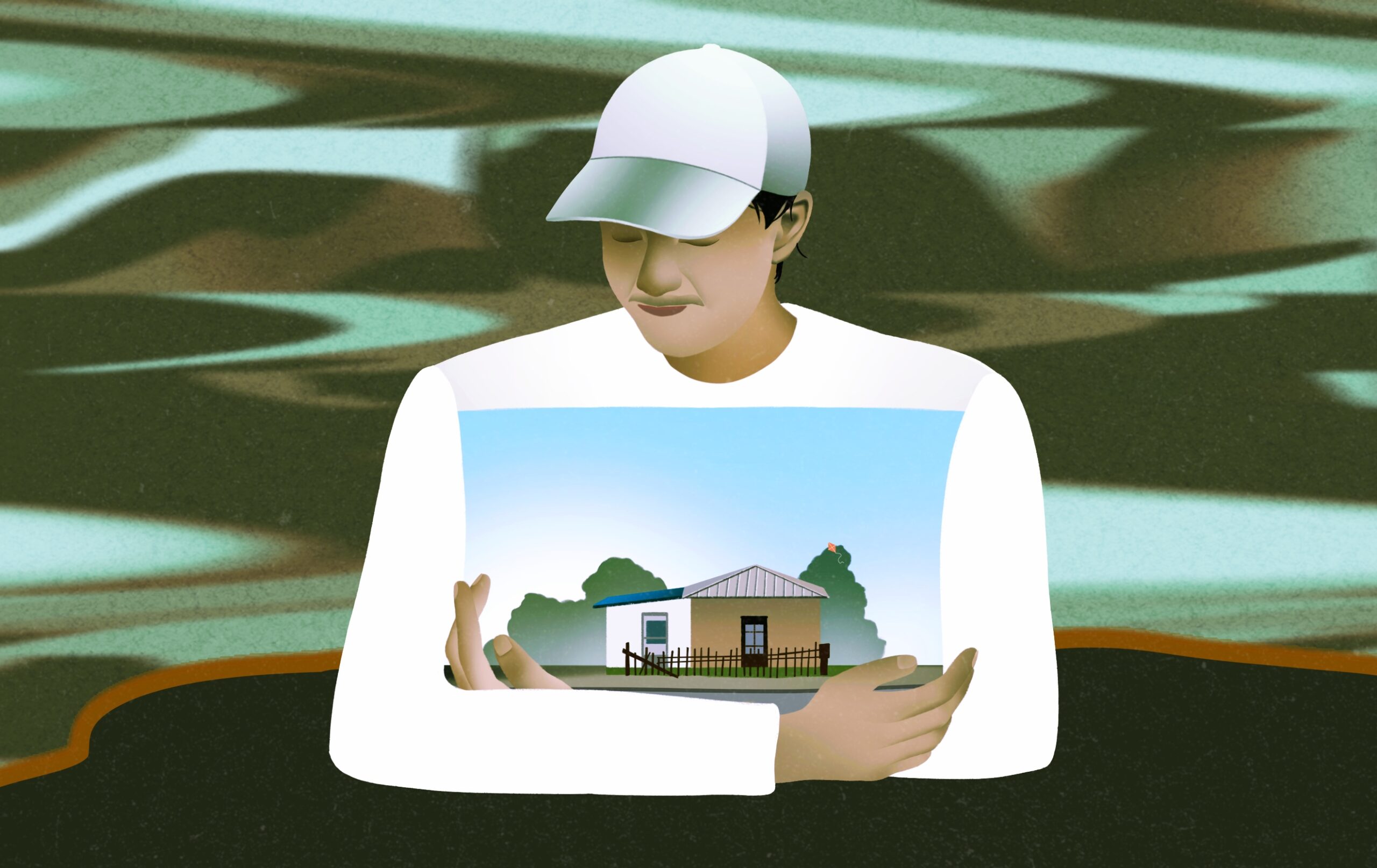 Illustration of a man holding a tranquil image of the house to his chest amidst the whirlwind of uncertainty